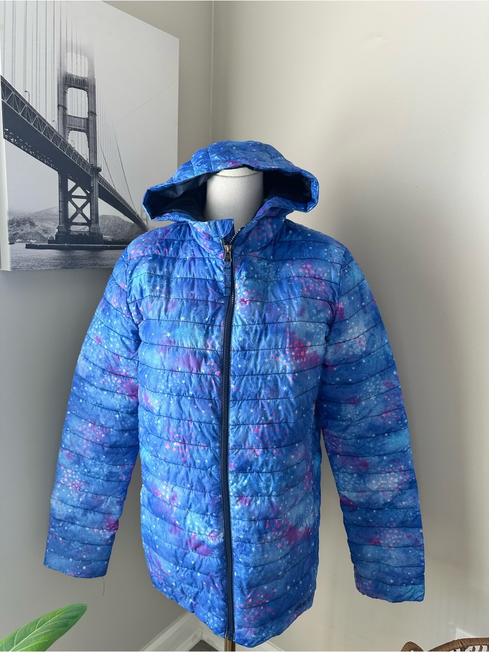 Lands' End Girls' Blue Galaxy Hooded Puffer Jacket with Pink Accents